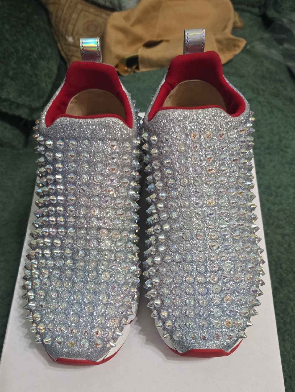 Christian Louboutin Silver Crystal Spike Slip-On Sneakers - Women